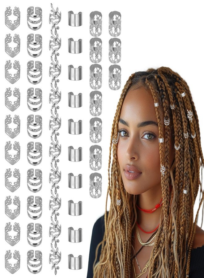 BOHUIZ 50PCS Silver Hair Jewelry for Braids Accessories Loc Jewelry for Hair Dreadlocks Adjustable Hair Rings Hair Cuff Hair Charms Braid Jewelry Hair Beads Decorations for Men Women(Silver) - Image 1
